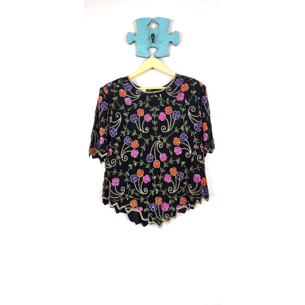 Laurence Kazar Blouse Plus Size 2X Sequin Silk Black Multicolor Floral Zip Back